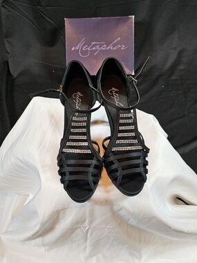 Metaphor Black T-Strap Heeled Sandals with Rhinestone Accents